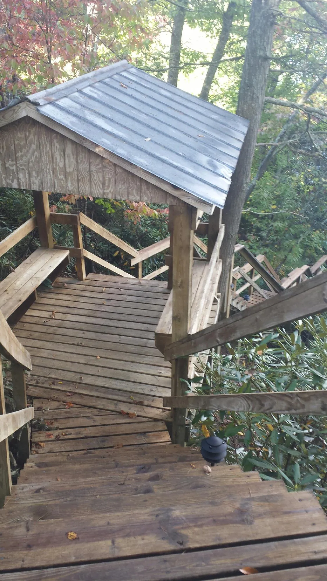Metal roofed shelter over wooden steps on a wooded walkway — Skylight Repair & Installation work by our crew in Prole